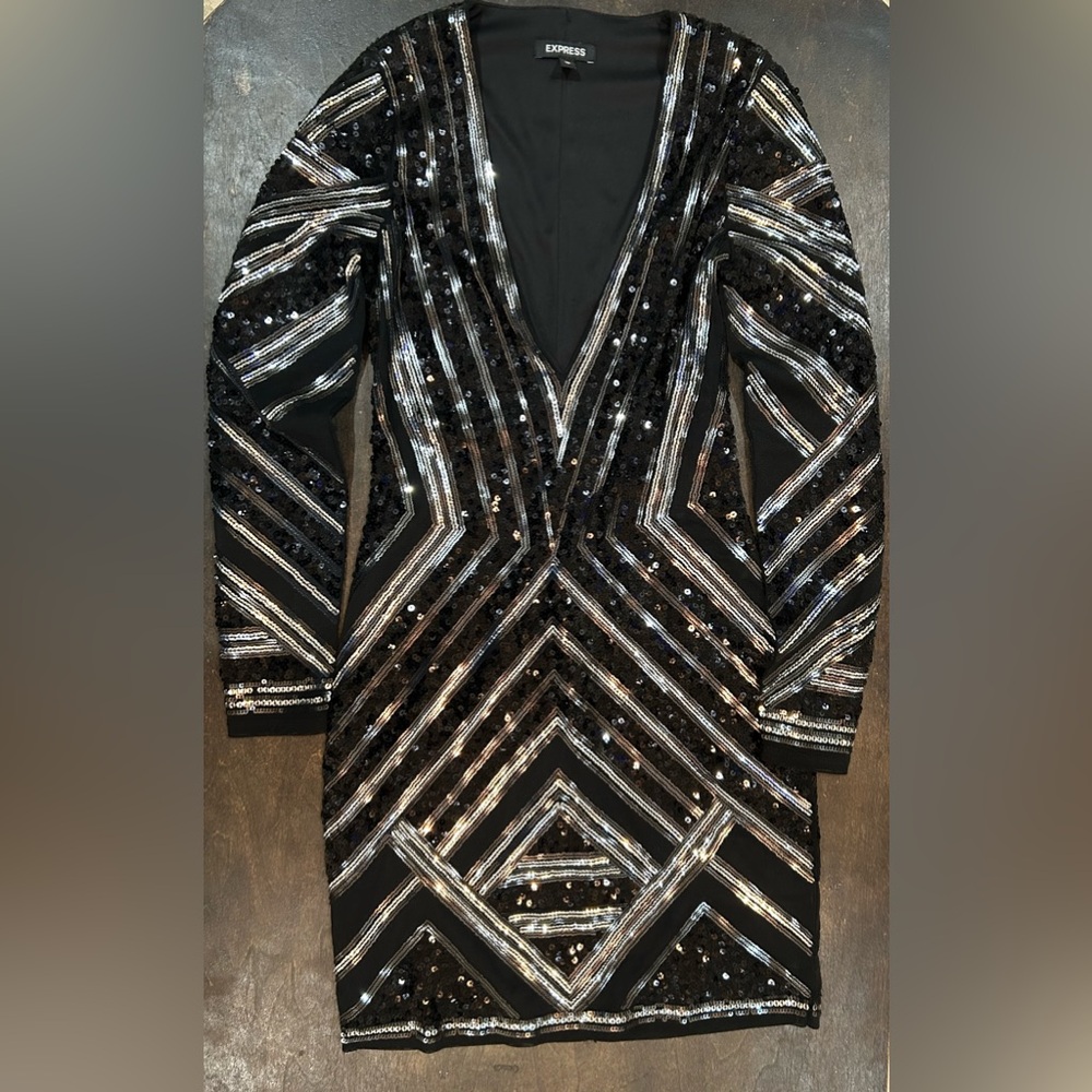 Express Black and Silver Geometric Sequin Dress
